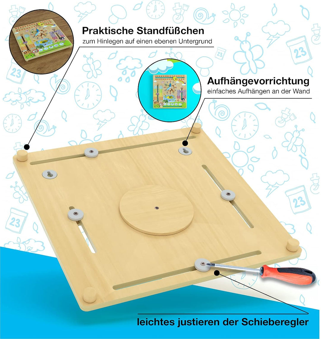 WoodyWood® Kalenderuhr für Kinder - Lernuhr aus Holz, zweisprachig, 30 X 30 cm - Montessori Jahresuh