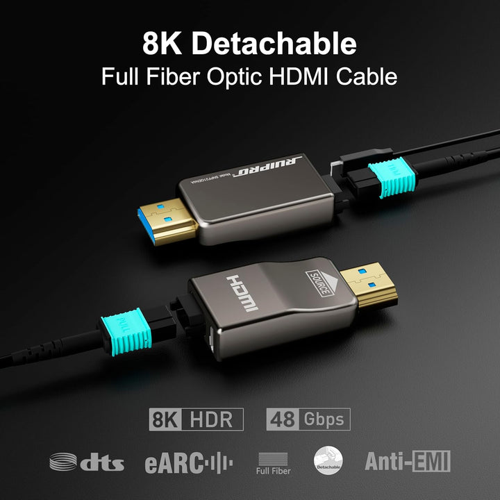 RUIPRO 8K HDMI 2.1 Kabel mit abnehmbarem Stecker aus reiner Glasfaser, 25 m, armiert, Ultra High Spe