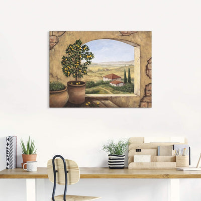 Artland Leinwandbild Wandbild Bild auf Leinwand 80x60 cm Wanddeko Fensterblick Fenster Toskana Itali