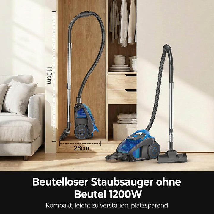 Staubsauger 1200 Watt, 1,5L Staubsauger Beutellos, Staubsaugers ohne Beutel 15 kPa, Leise, Leistungs