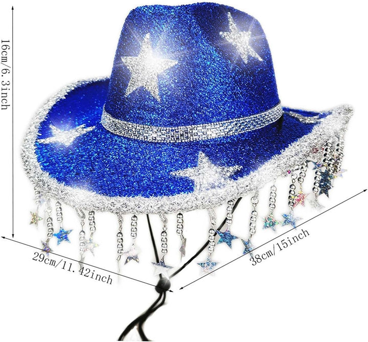 Glitzer Cowboyhut mit Pailletten Sternen & Fransen - Funkelnder Westernhut Disco Partyhut für Damen