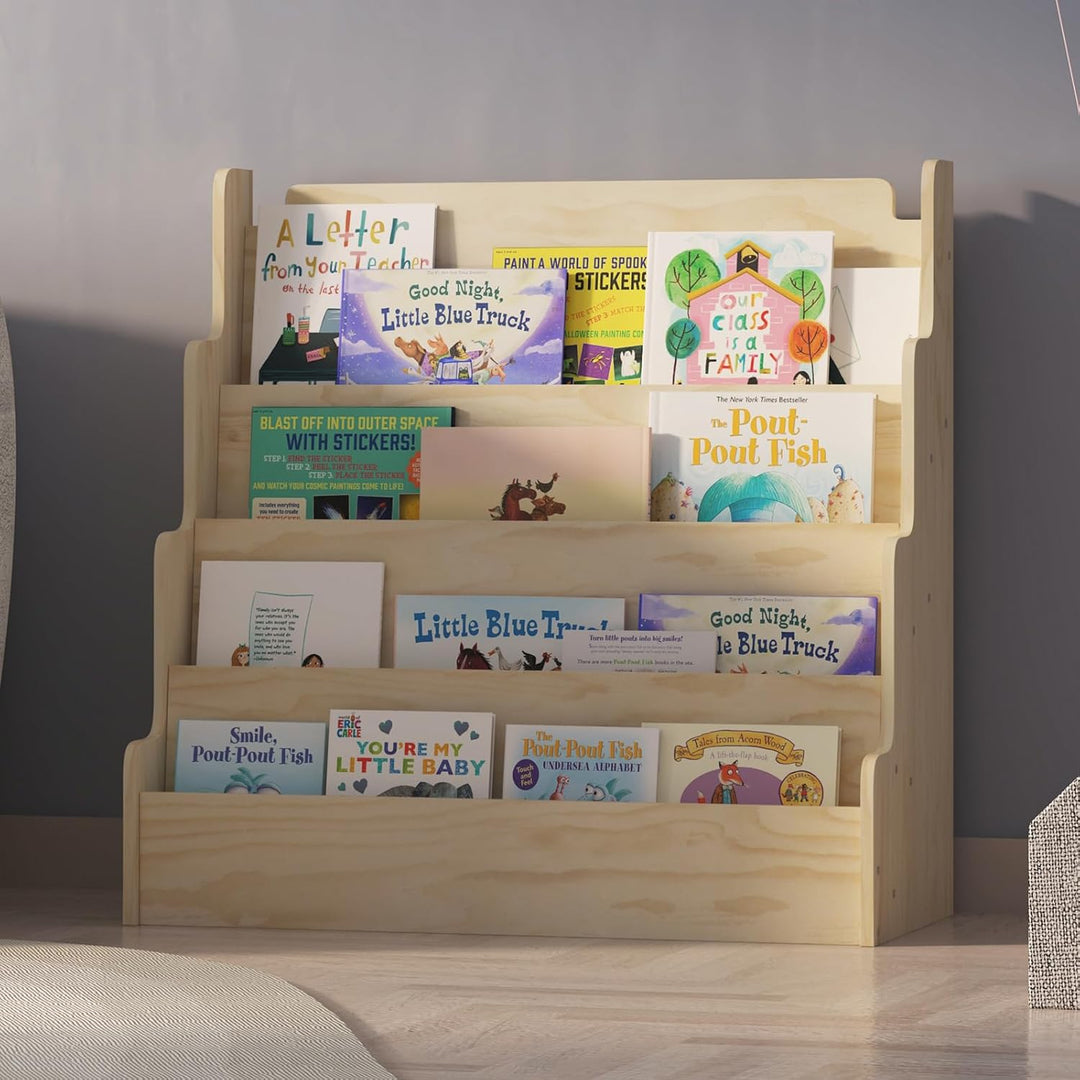 Bücherregal Kinder aus Kieferholz, Kinderregal mit 4 Ablage Montessori Regal stehend für Kinderzimme