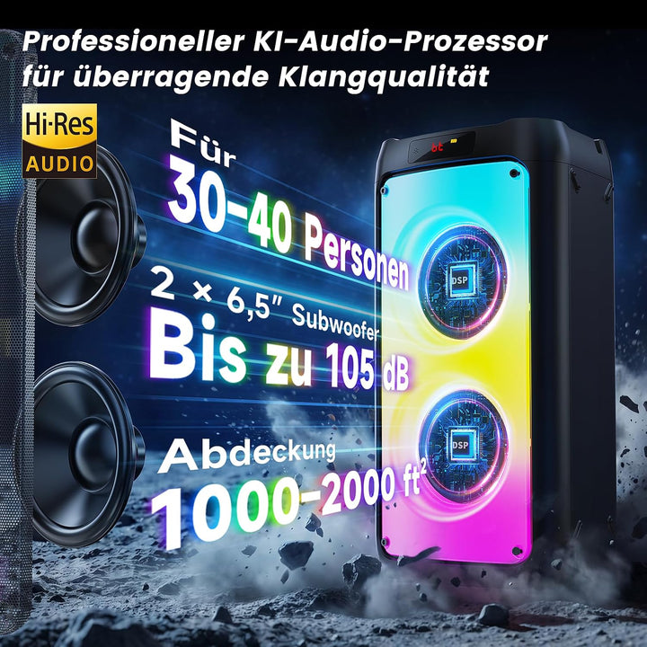 HWWR Karaoke Maschine mit 2 drahtlosen Mikrofonen tragbarem Bluetooth-Lautsprecher RGB-Licht, Schwar