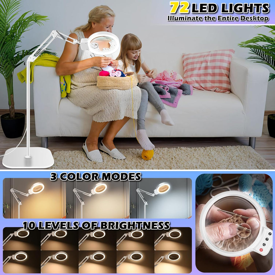 NZQXJXZ 10X Lupe mit Licht und Ständer, 2-in-1 Lupenlampe mit 72 Einstellbaren Helligkeits-LEDs, 3 F