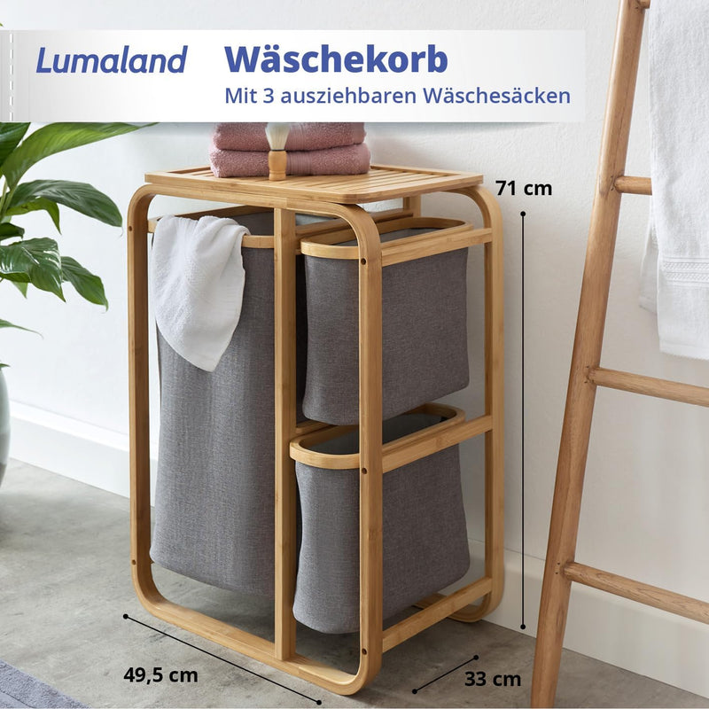 Lumaland Wäschekorb aus Bambus mit 3 ausziehbaren Wäschesäcken | Grösse ca. 71 cm Höhe x 50 cm Breit