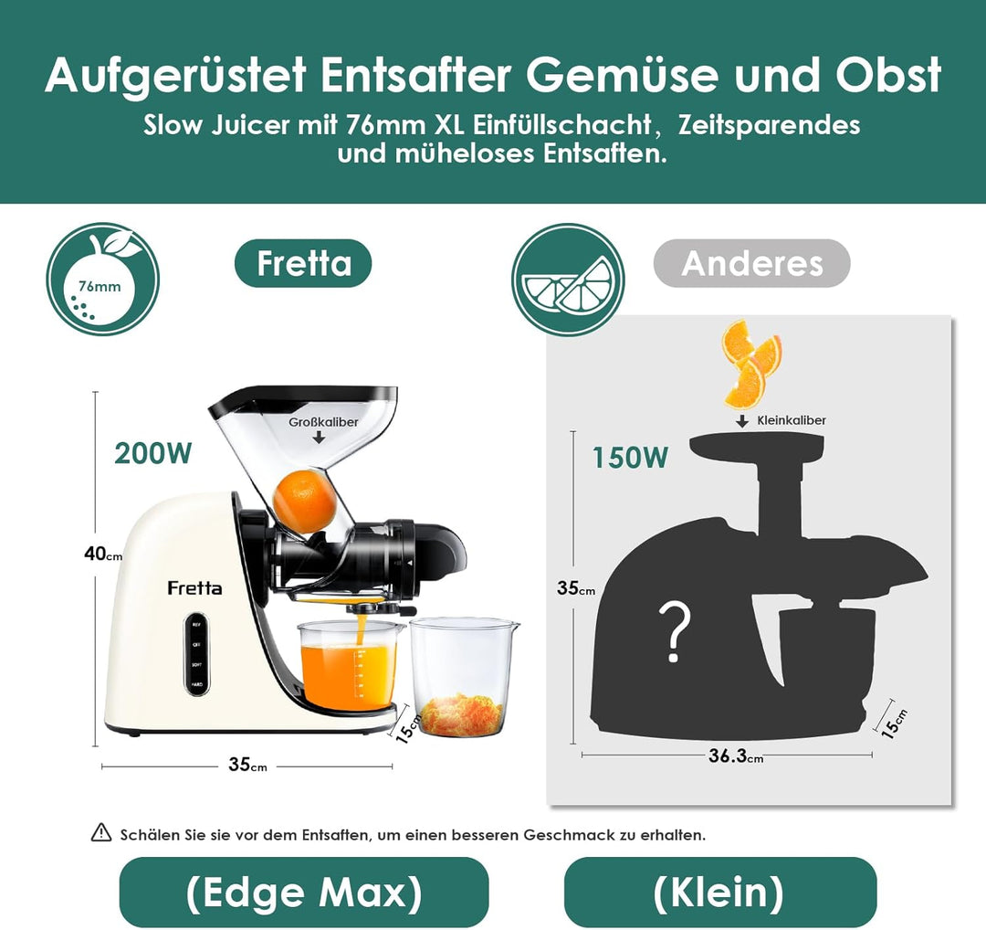 Fretta Slow Juicer Entsafter Gemüse und Obst Saftmaschine Silber, 200W Saftpresse Elektrisch Obstpre