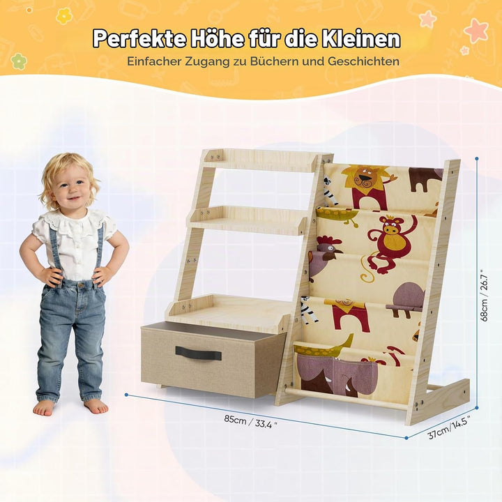Kinderregal mit Spielzeugorganizer 2-in-1 – Bücherregal aus Holz &amp; Stoff mit 4 Fächern, Schublade &amp;