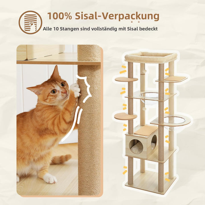 PETEPELA Kratzbaum für grosse Katzen, 181 cm hoch, mit Acryl-Hängematte, Multi-Stufe Holz Katzenbaum