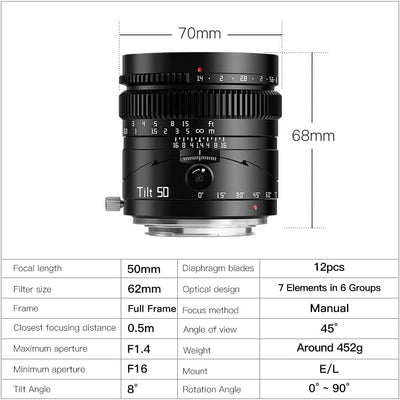 TTArtisan TF5014BZ 50 mm f1.4 Neigungsobjektiv Vollformat Manuelle Portraitobjektive Grosse Blende K