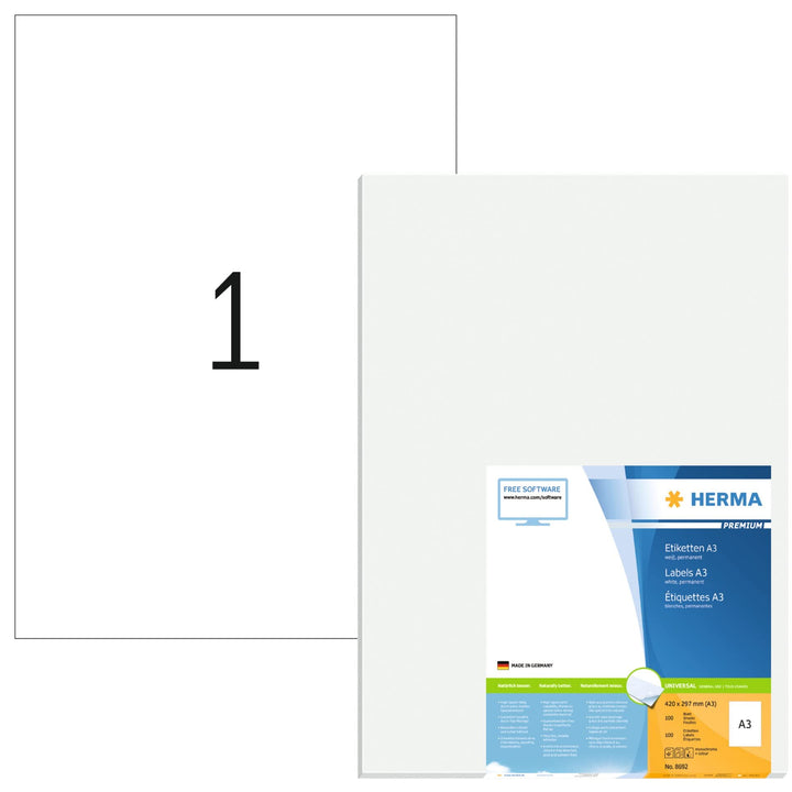 HERMA 8692 Universal Etiketten, 100 Blatt, 297 x 420 mm, 1 Stück pro A3 Bogen, 100 Aufkleber, selbst