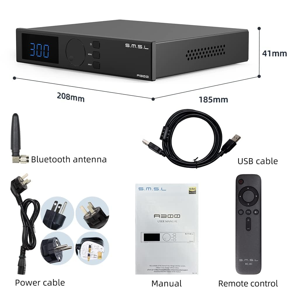 SMSL a300 Digitaler Leistungsverstärker BTL-Modus Hi-Res Bluetooth 5.0 mit Fernbedienung mit 165 Wx2
