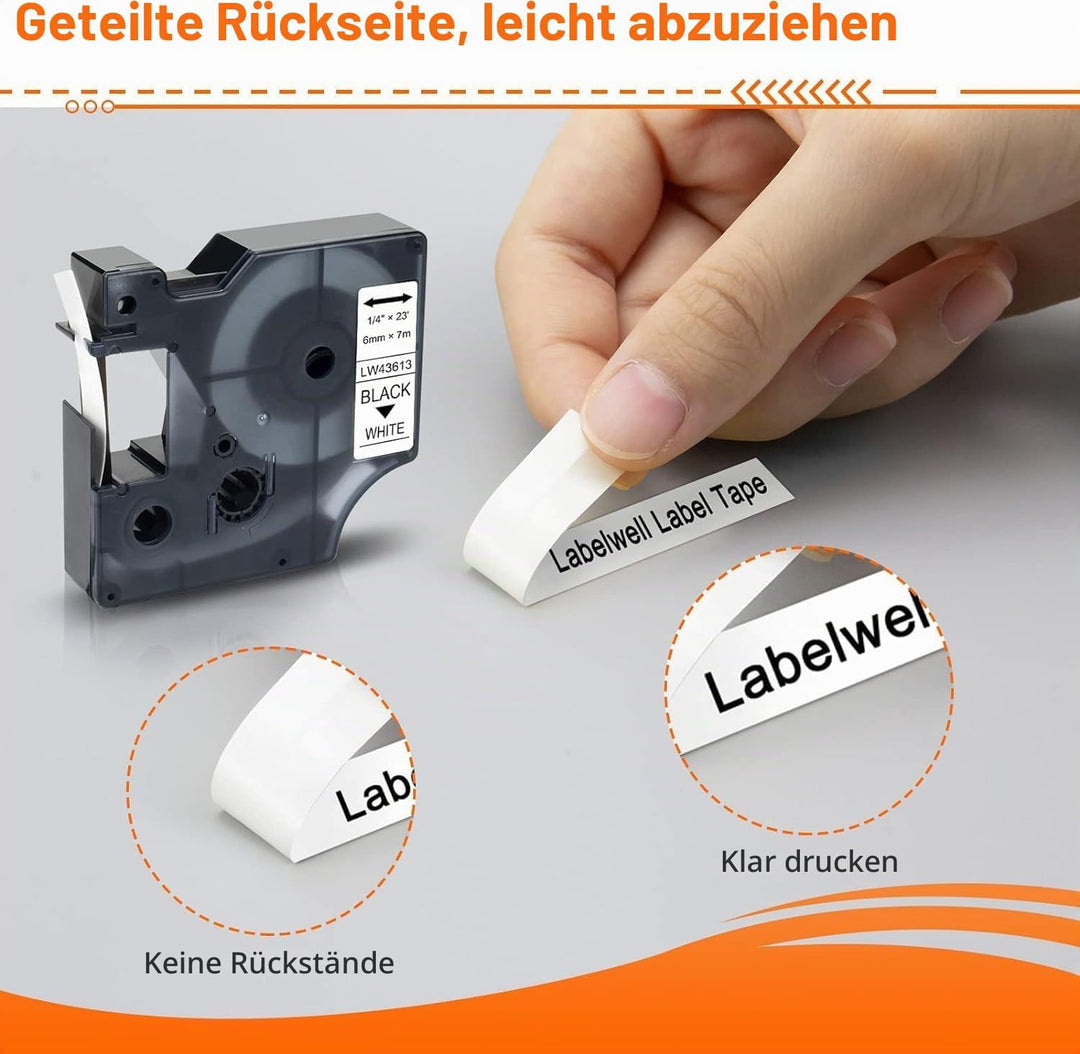 Labelwell Kompatibel Schriftband Ersatz für Dymo D1 6mm 43613 43616 43617 43618 43619 S0720790 S0720