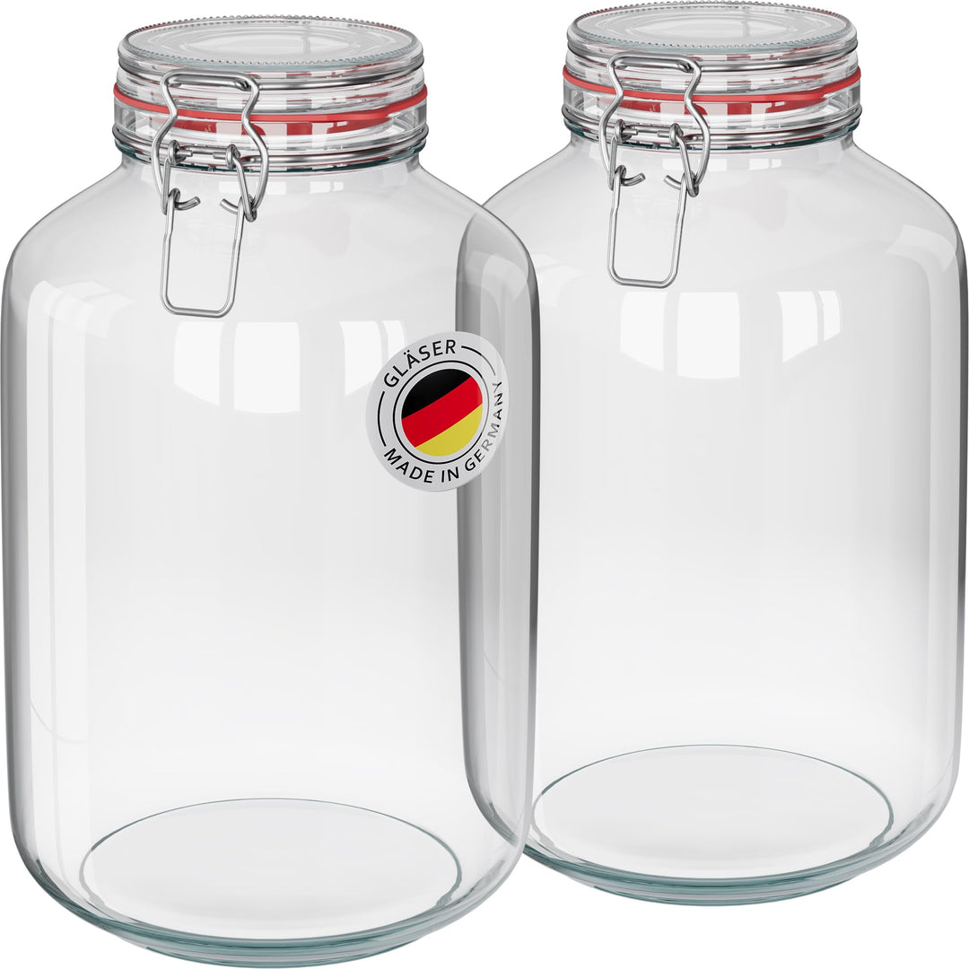 WELLGRO 2x Einmachgläser mit Bügelverschluss rund 4880ml, Fermentierglas, Vorratsgläser mit Deckel -