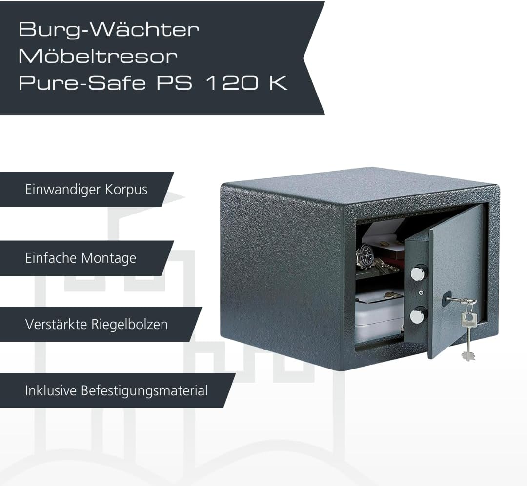 Burg-WÄCHTER Möbeltresor mit Schlüssel, Inkl. Fachboden, Zur Wand- und Bodenbefestigung, 20,6 l, 12,
