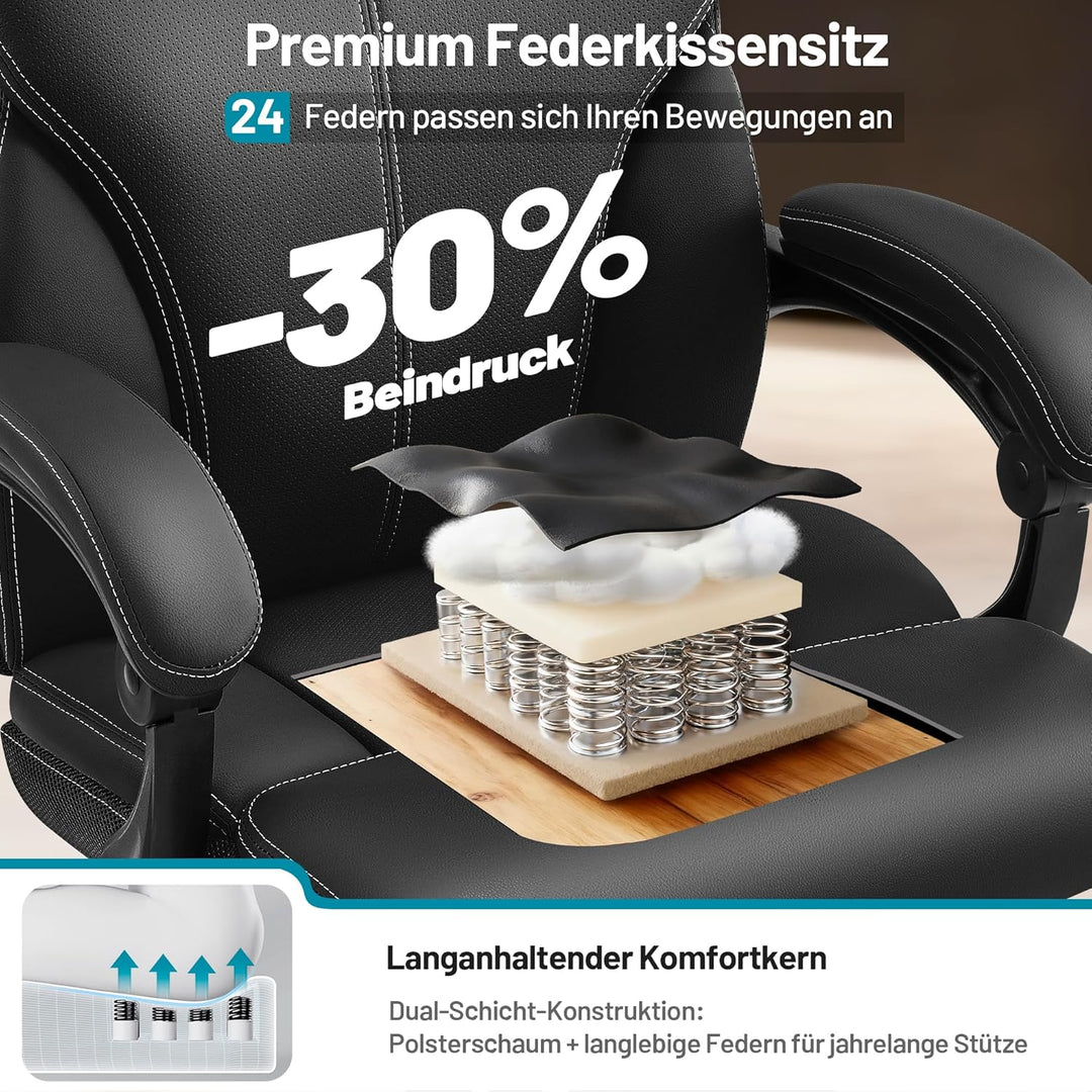 Chefsessel mit Fussstütze &amp; Liegefunktion, Ergonomischer Bürostuhl aus Kunstleder bis 200 kg, Verste