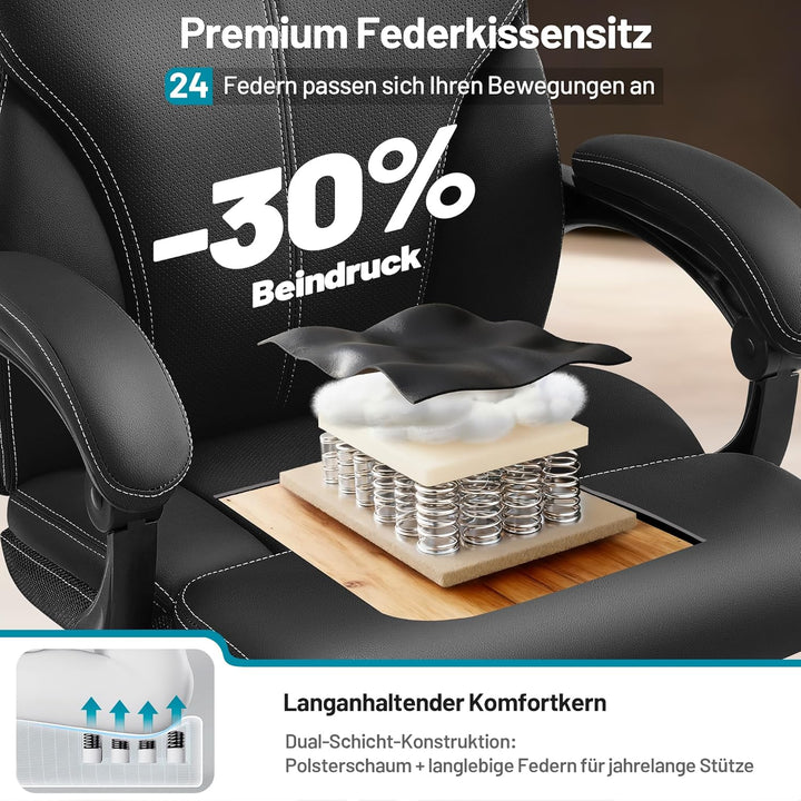 Chefsessel mit Fussstütze &amp; Liegefunktion, Ergonomischer Bürostuhl aus Kunstleder bis 200 kg, Verste