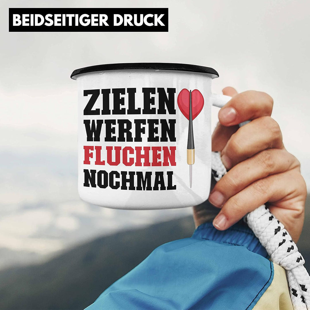 Trendation - Dart Emaille Tasse Dartpfeil Zielen Werfen Fluchen Nochmal Spruch Männer Dart-Spieler G