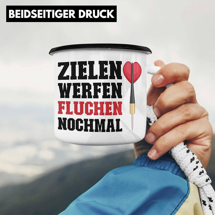 Trendation - Dart Emaille Tasse Dartpfeil Zielen Werfen Fluchen Nochmal Spruch Männer Dart-Spieler G