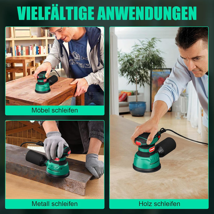 SORAKO Exzenterschleifer 350W 125MM - 6 Geschwindigkeiten,16 Schleifpapiere inklusive, mit Staubsamm