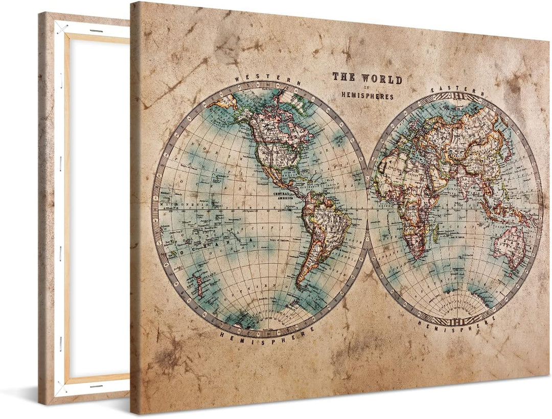PICANOVA Weltkarte Hemisphären 90x60cm - Premium-Leinwand-Kunstdruck - Leinwand-Druck-Wand-Kunst-Dek