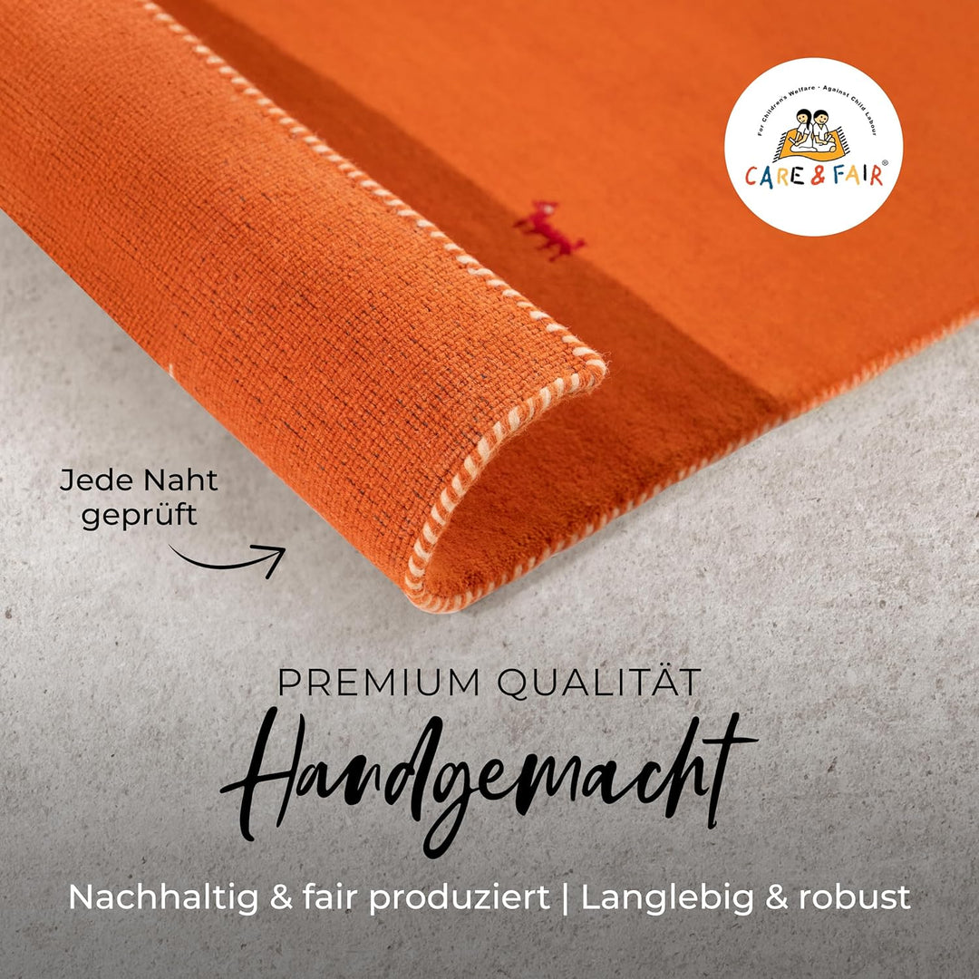 carpetfine Wollteppich Gabbeh Uni Läufer Orange 60x180 cm | Moderner Teppich für Wohn- und Schlafzim