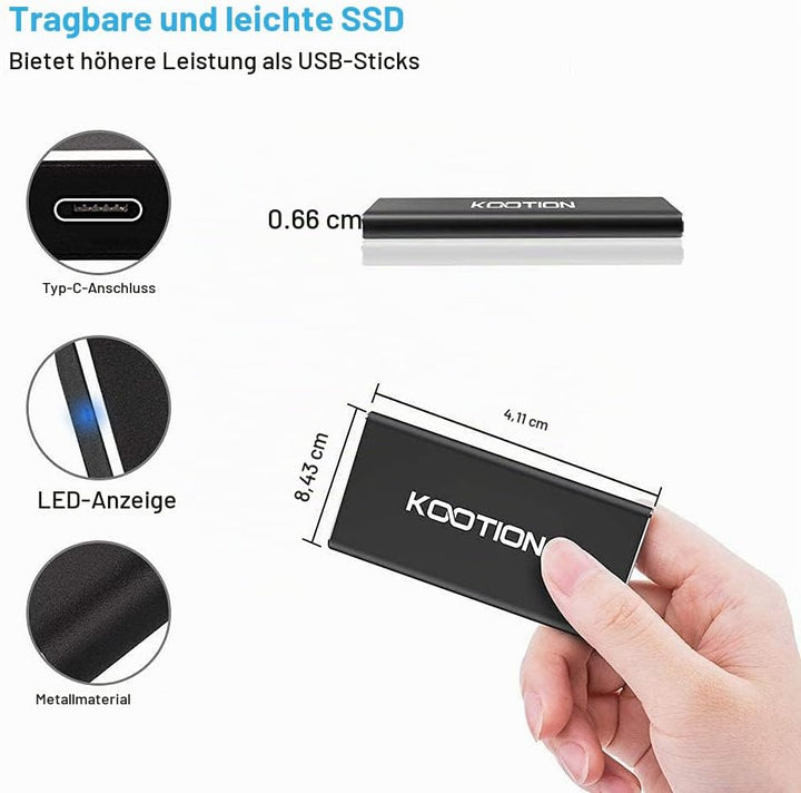 KOOTION Externe Portable SSD 250GB USB 3.1 Typ-C Schnell Solid State Drive Disk High Speed bis zu 55