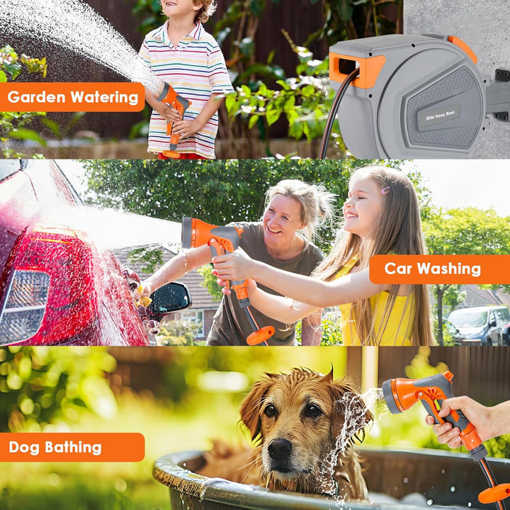 TLGREEN Schlauchtrommel Wasser 30m, Schlauchaufroller mit 9-Funktionen Handbrause und Gartenschlauch