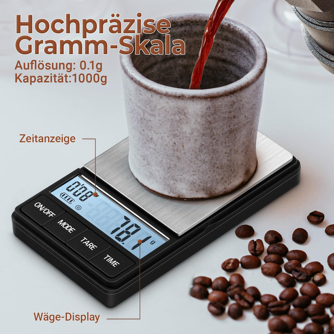 Kaffeewaage 1000g/0,1g, Espresso Waage mit Timer, Digitale küchenwaage,Barista kaffee waage,Coffee S