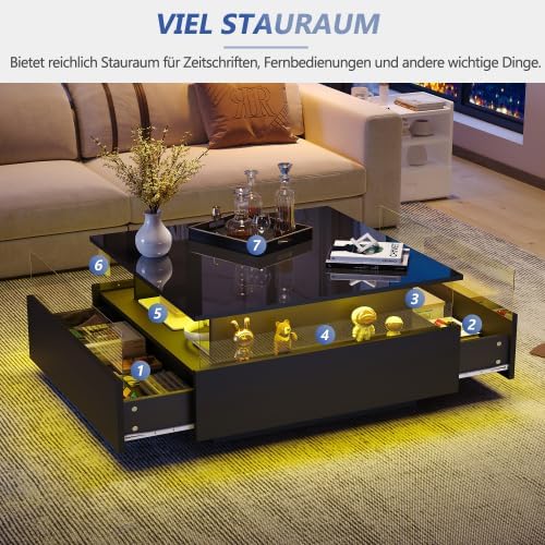 Merax Moderner Couchtisch mit LED-Beleuchtung, 70x70x41cm, Wohnzimmertisch & Beistelltisch Couch, 2
