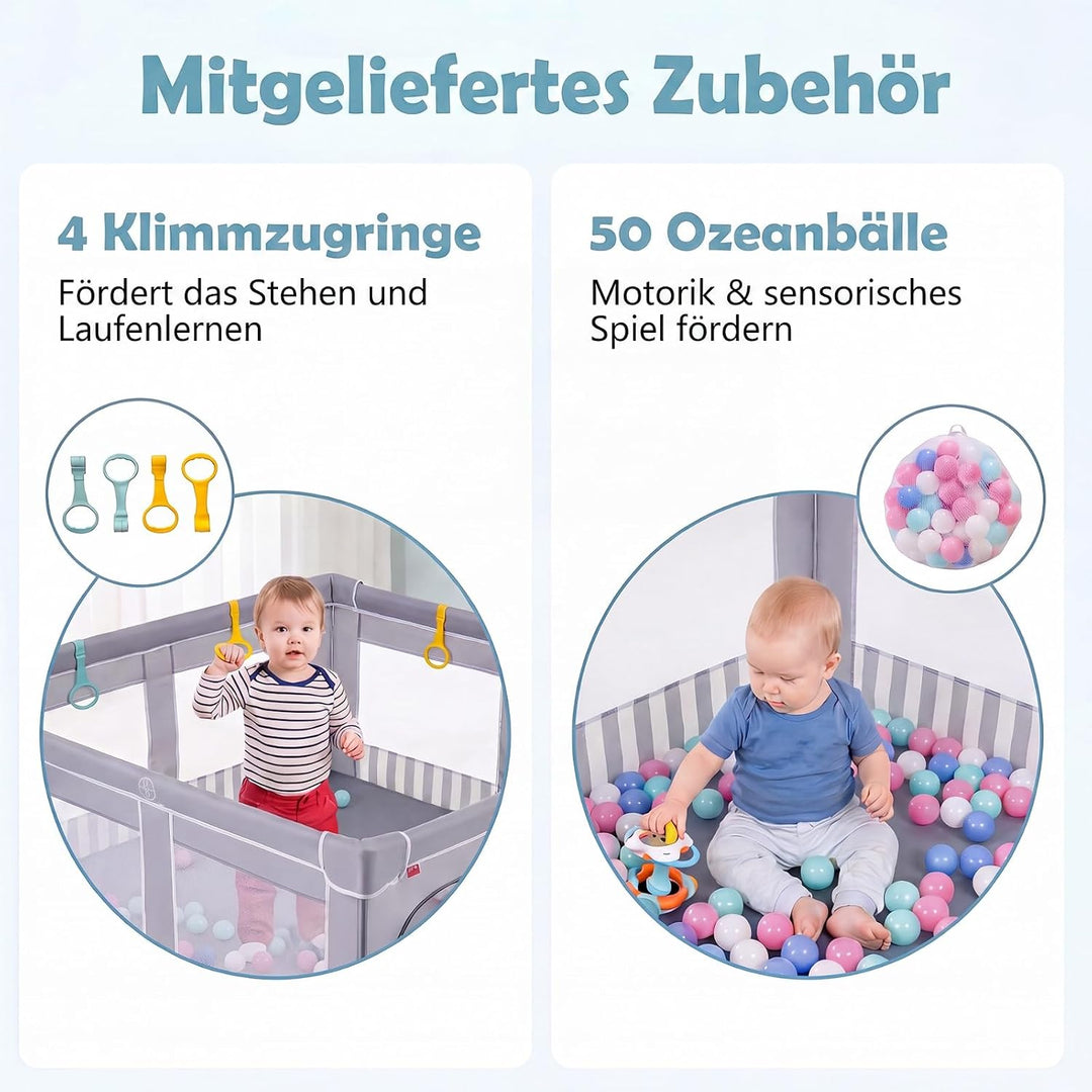 DREAMADE Laufstall Baby Faltbar, 150 x 150 x 76,5 cm Laufgitter mit 50 Ozeanbällen, 4 Haltegriffen &amp;