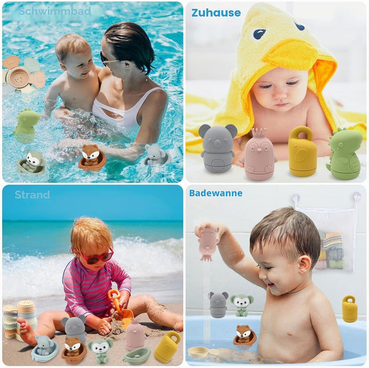16 Stück Badewannenspielzeug, Baby Badespielzeug Silikon Wasserspielzeug Kinder mit Spritztiere Fing