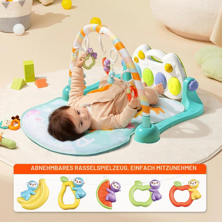 auby Active Monkey Spiel- und Aktivitätsgym für Babys 0-6 Monate | Fusstritt-aktivierte Klaviermatte
