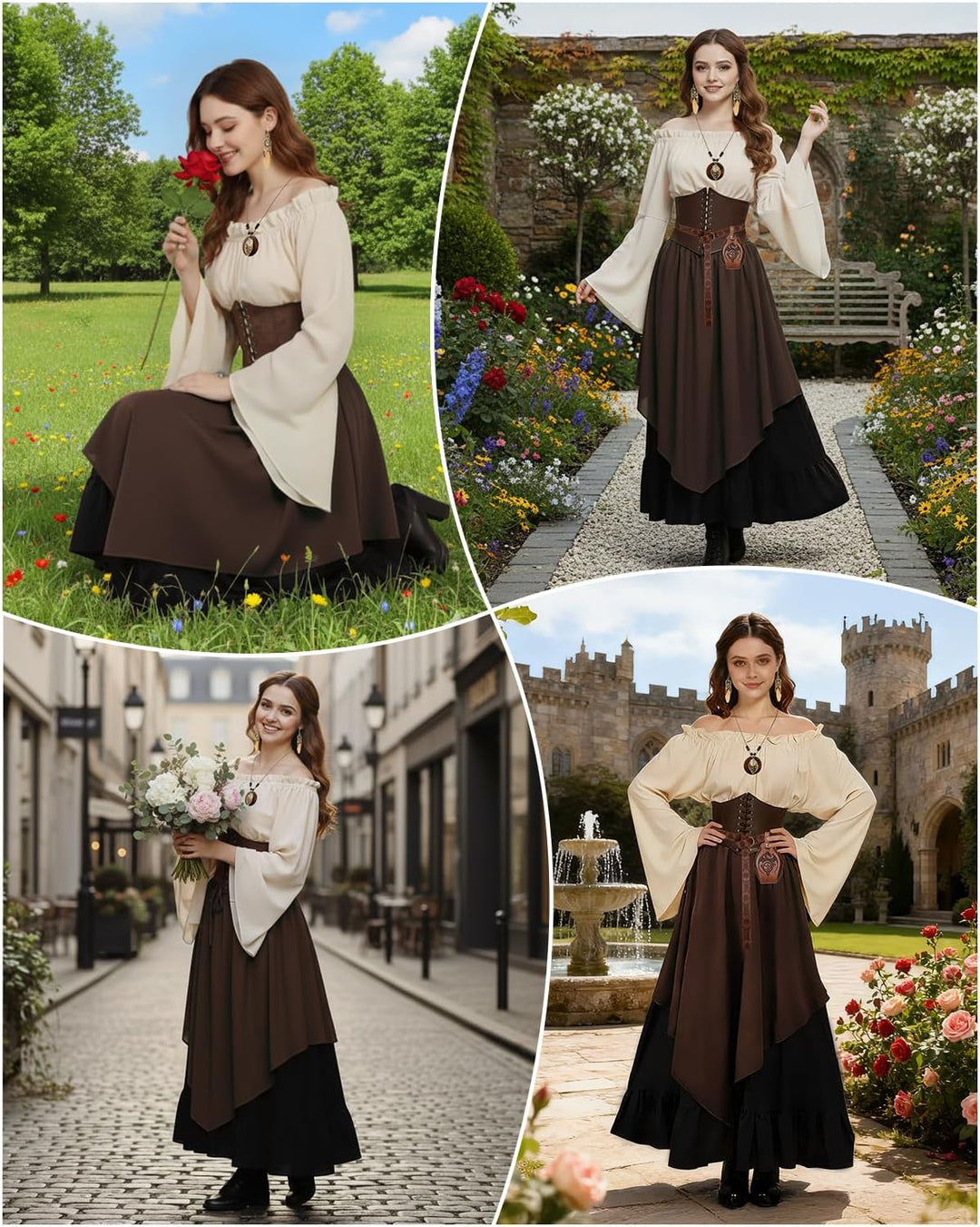Mittelalter Kleidung Damen Set, Renaissance Kostüm und Retro Off Shoulder Bluse mit Corsett, Gürtelt
