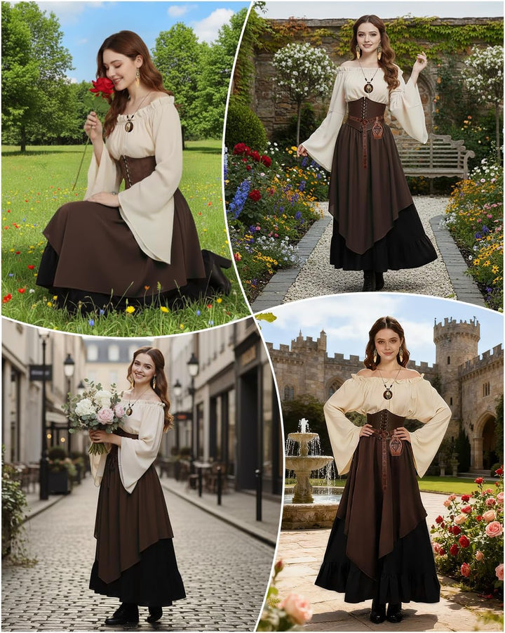 Mittelalter Kleidung Damen Set, Renaissance Kostüm und Retro Off Shoulder Bluse mit Corsett, Gürtelt