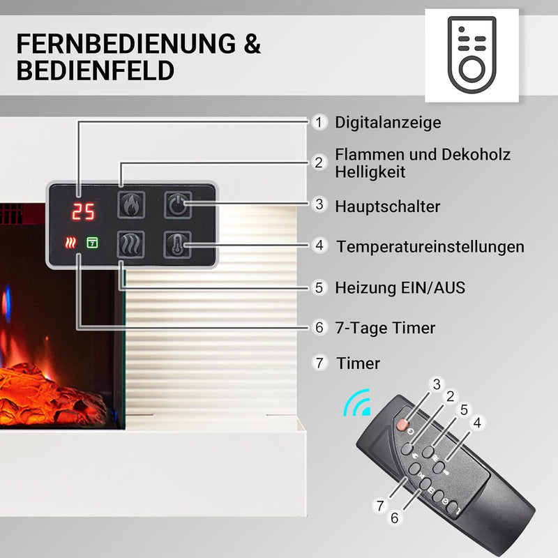 BALDERIA Elektrokamin Ida | Elektrischer Wandkamin mit 3D-Flammeneffekt | Elektro Heizung 1800W | Ka