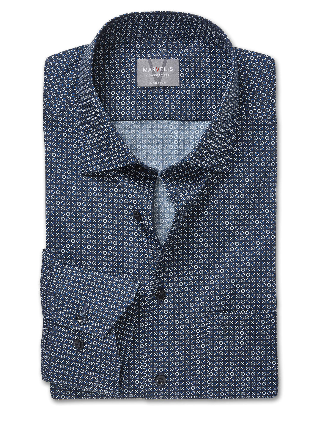 Marvelis Herren Businesshemd Langarm 702584,Rotationsdruck,Non-Iron-Comfort-Fit,New Kent 39 Marine 1