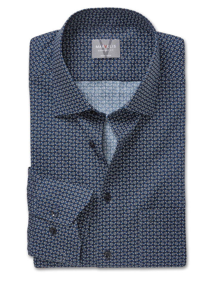 Marvelis Herren Businesshemd Langarm 702584,Rotationsdruck,Non-Iron-Comfort-Fit,New Kent 39 Marine 1