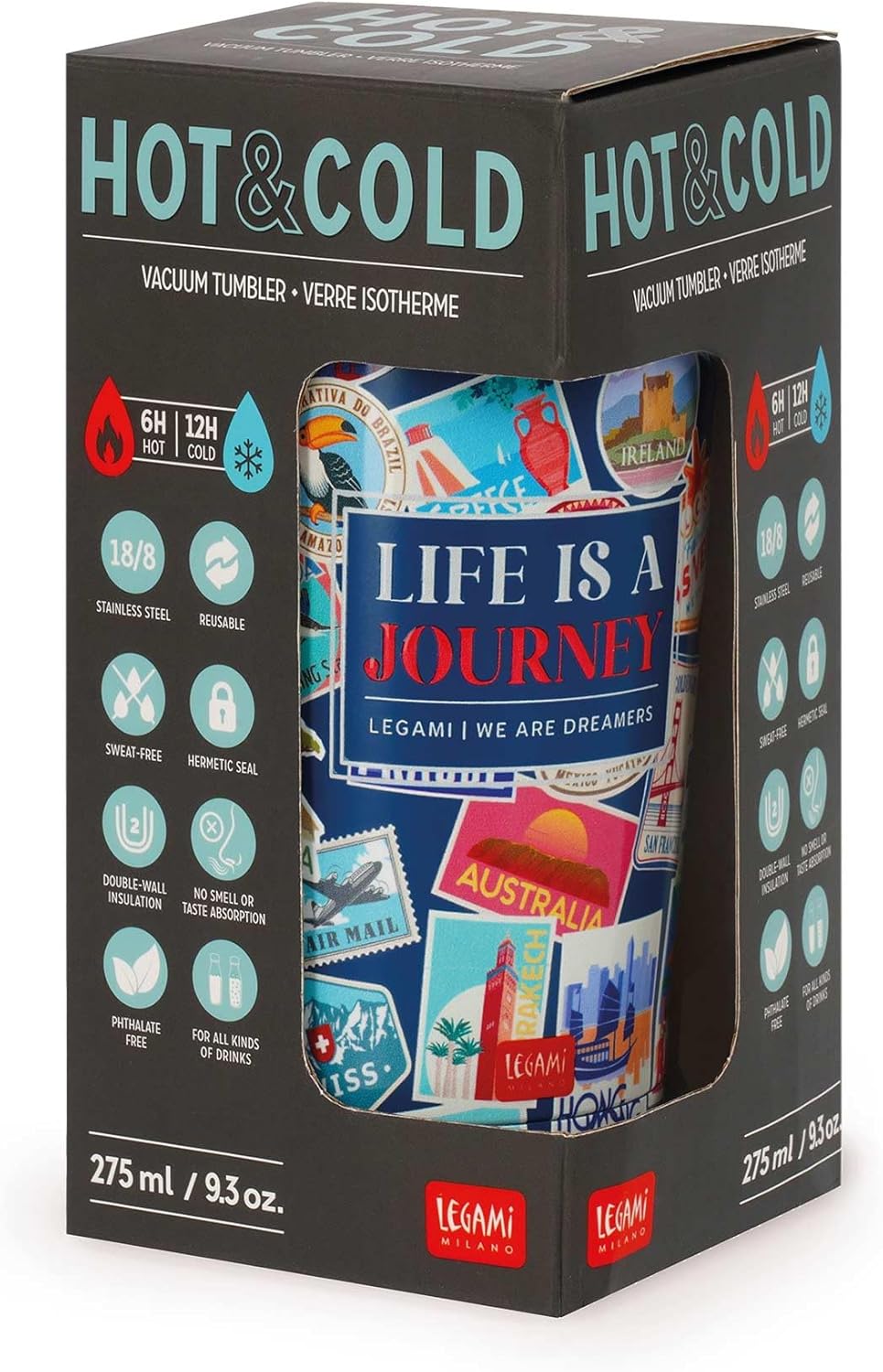 Legami - Thermobecher Hot&Cold Vacuum Tumbler, Travel Stickers, luftdichter Verschluss, aus Edelstah