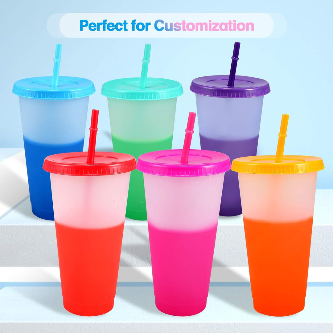 Plastikbecher Trinkbecher Becher mit Strohhalm & Deckel - 710ml Gross Tasse Farbwechselbecher kaffee