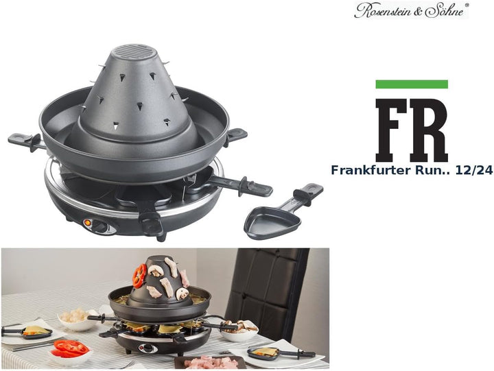 Rosenstein & Söhne Tartarenhut: Elektrischer 3in1-Tatarenhut- & Raclette-Grill mit Fondue-Rinne, für