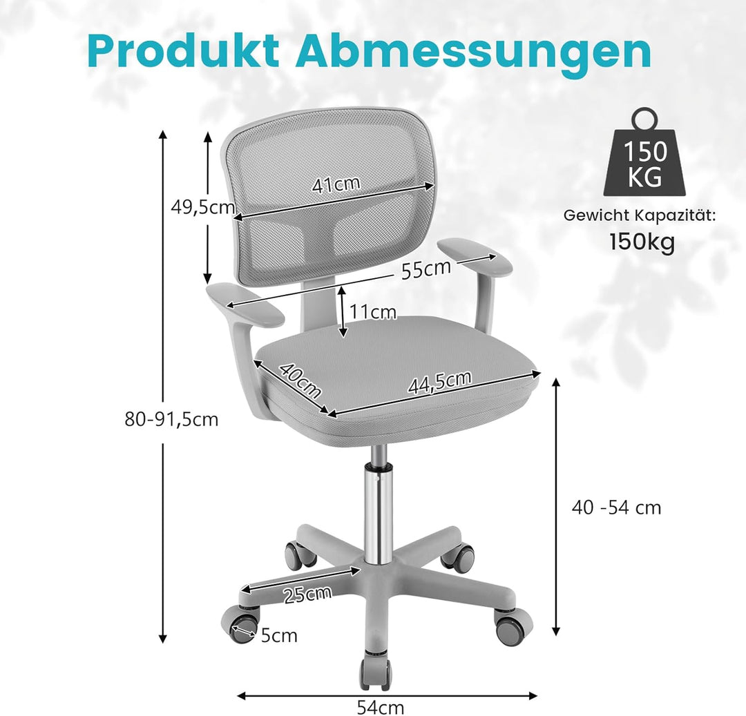 COSTWAY 360° Drehbarer Kinderschreibtischstuhl, 80-91,5 cm Höhenverstellbarer Jungendstuhl mit Rücke