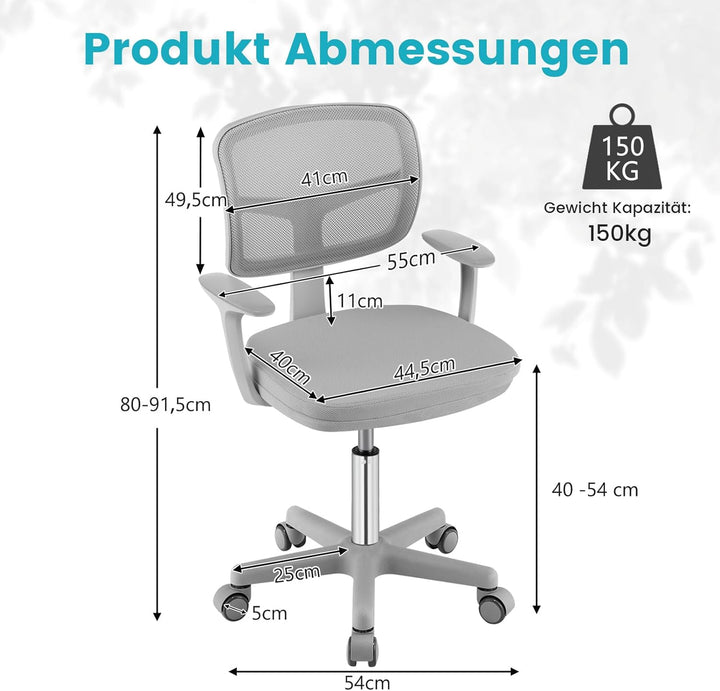 COSTWAY 360° Drehbarer Kinderschreibtischstuhl, 80-91,5 cm Höhenverstellbarer Jungendstuhl mit Rücke