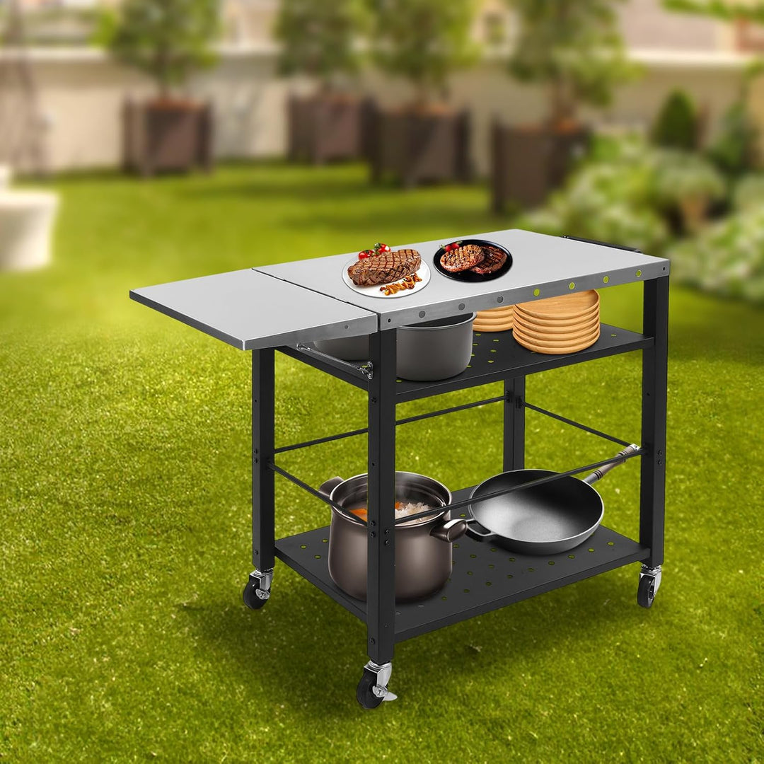 Grillwagen Edelstahl mit grosser Arbeitsfläche und Klappbare Beistelltisch, mit Outdoorküche Beistel