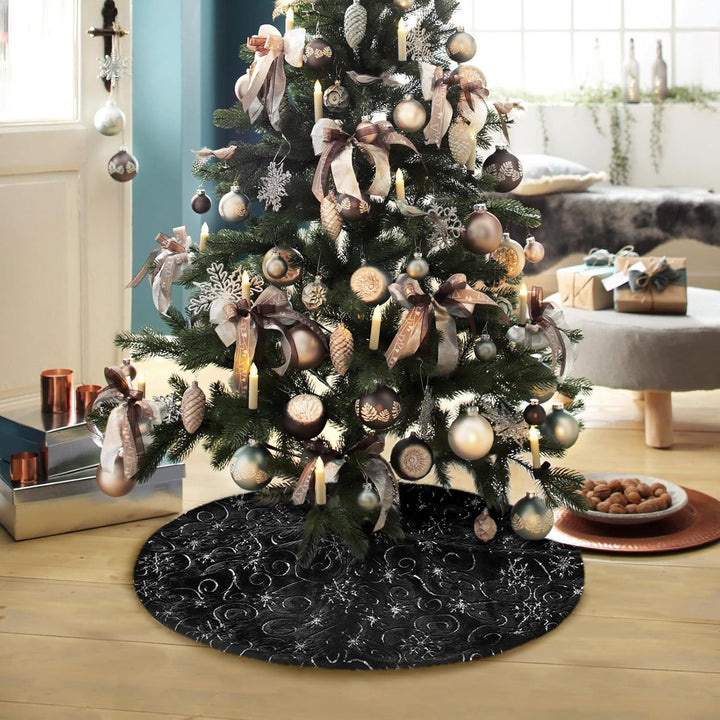 KONVINIT Weihnachtsbaumdecke Rund Schwarz Weihnachtsbaumteppich mit Schneeflocke Weihnachtsbaum Rock