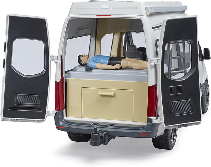 bruder 02672 - Mercedes-Benz Sprinter Camper mit Fahrer, Camping-Set, Geschirr - Wohnmobil Reisemobi