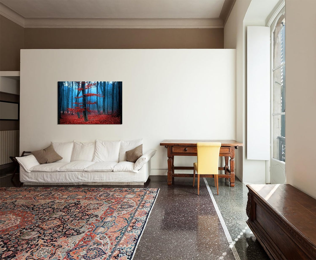 Paul Sinus Art 120x80cm - WANDBILD Wald Bäume Blätter Nebel Herbst - Leinwandbild auf Keilrahmen mod
