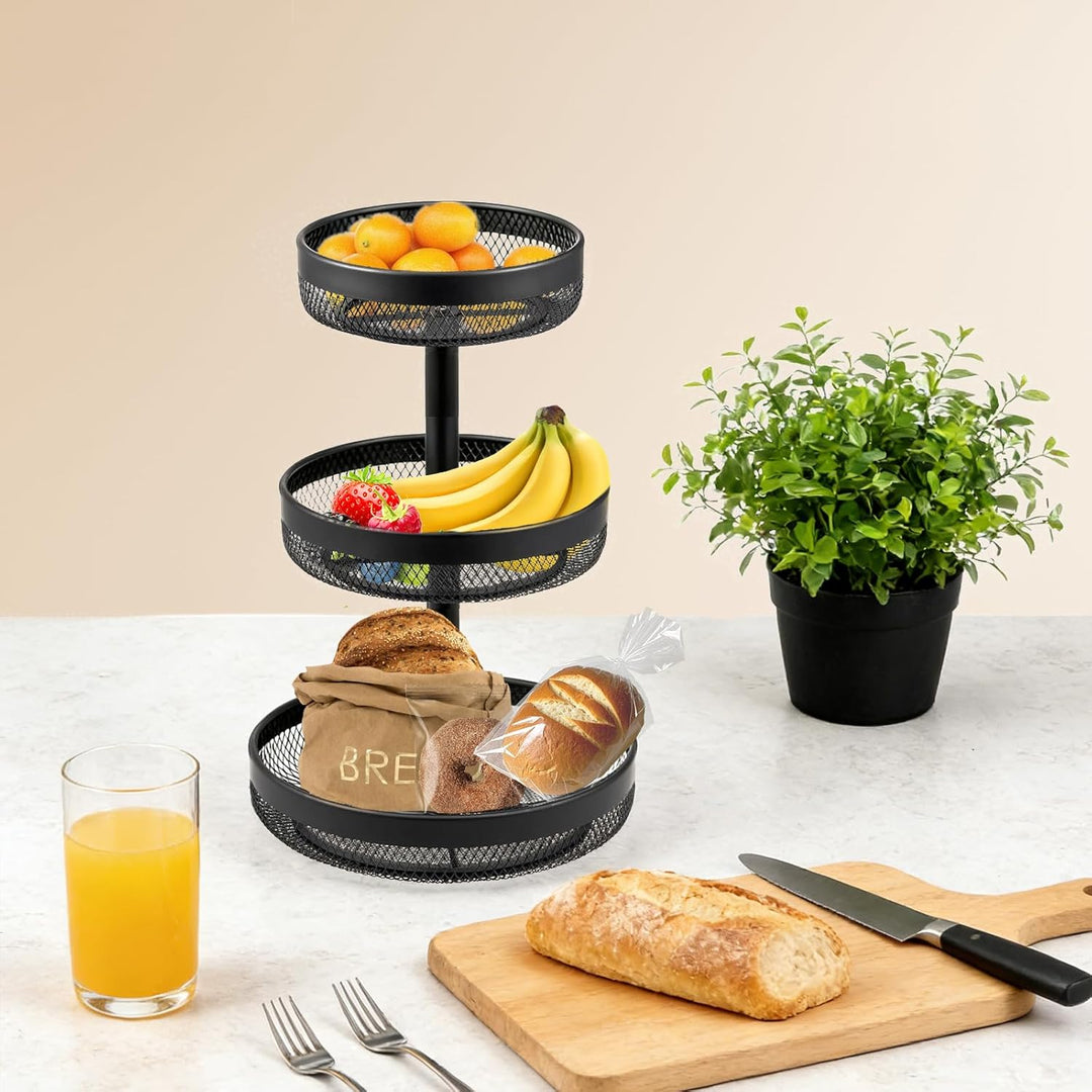 Afeeler 3-Stöckig runde Obst Etagere Schwarz, Elegante Obstkorb Brotkorb aus Metall, Obstteller Etag