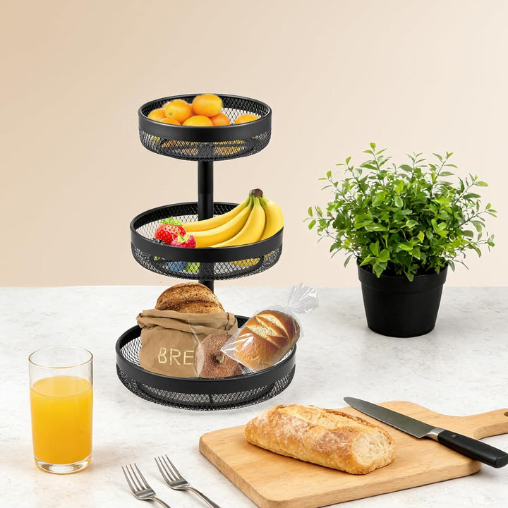 Afeeler 3-Stöckig runde Obst Etagere Schwarz, Elegante Obstkorb Brotkorb aus Metall, Obstteller Etag