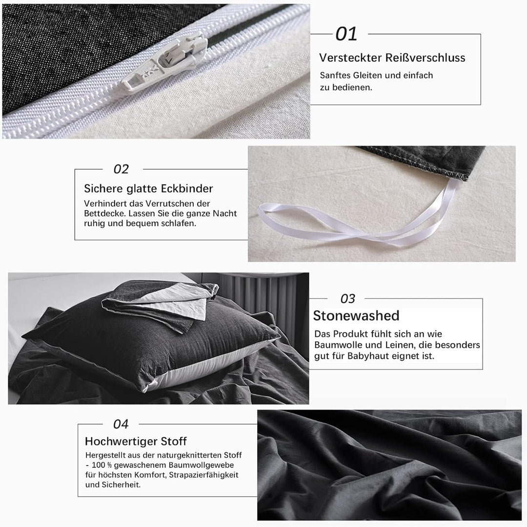MILDLY Bettwäsche 155x220 Baumwolle Anthrazit, Bettwäsche-Sets 100% Gewaschene Baumwolle mit Leinena