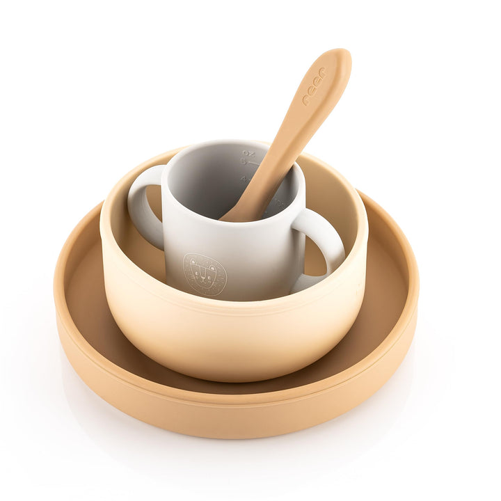 reer Silikon Geschirrset| Kinder-Geschir | 4-teilig – Teller, Schale, Becher & Löffel | lebensmittel